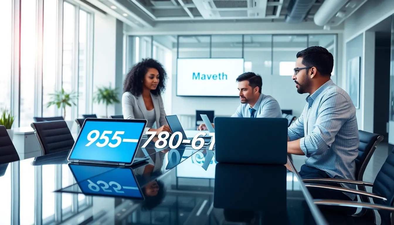 diverse professionals discussing a number in a modern office setting.